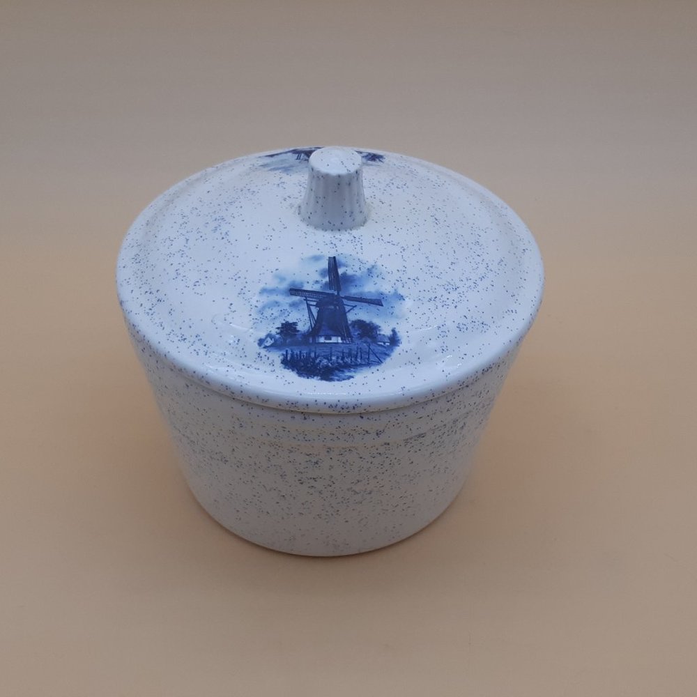 Delft Style Ceramic Container -Windmill Decor with Blue Speckles
